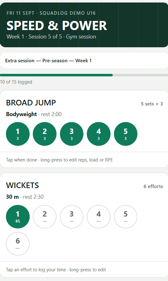 A player’s phone showing a gym session, with sets of broad jump ticked off and the first of six wicket runs logged.